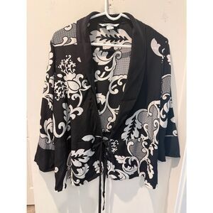 Nygard Collection 100% silk Black & White Printed Tie-Front Blazer Jacket sz 14
